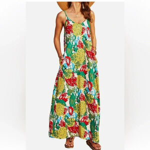 NWT OURS Maxi Spaghetti Dress MultiColor Floral Print Luxuriously Soft, Medium